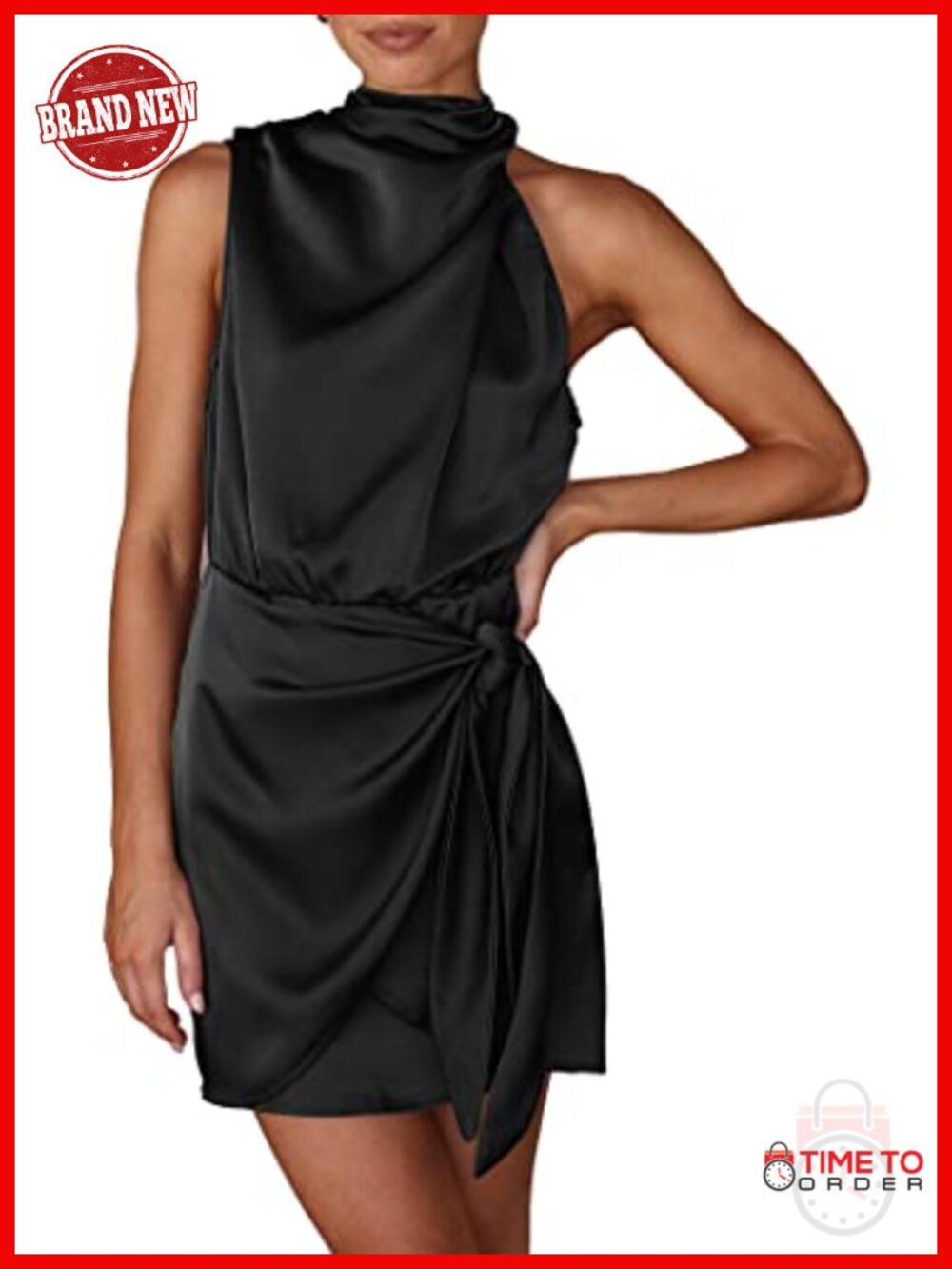 PRETTYGARDEN Sleeveless Satin Mock Neck Mini Cocktail Dress